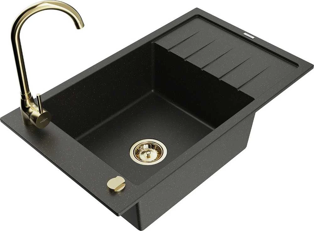 Granitinė virtuvinė plautuvė Mexen Elias su maišytuvu ir sifonu, Metallic juodas/auksinis+Gold