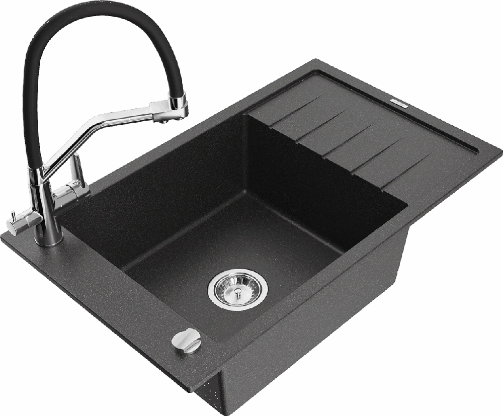 Granitinė virtuvinė plautuvė Mexen Elias su maišytuvu ir sifonu, Juodas granite+Juodas/Chrome