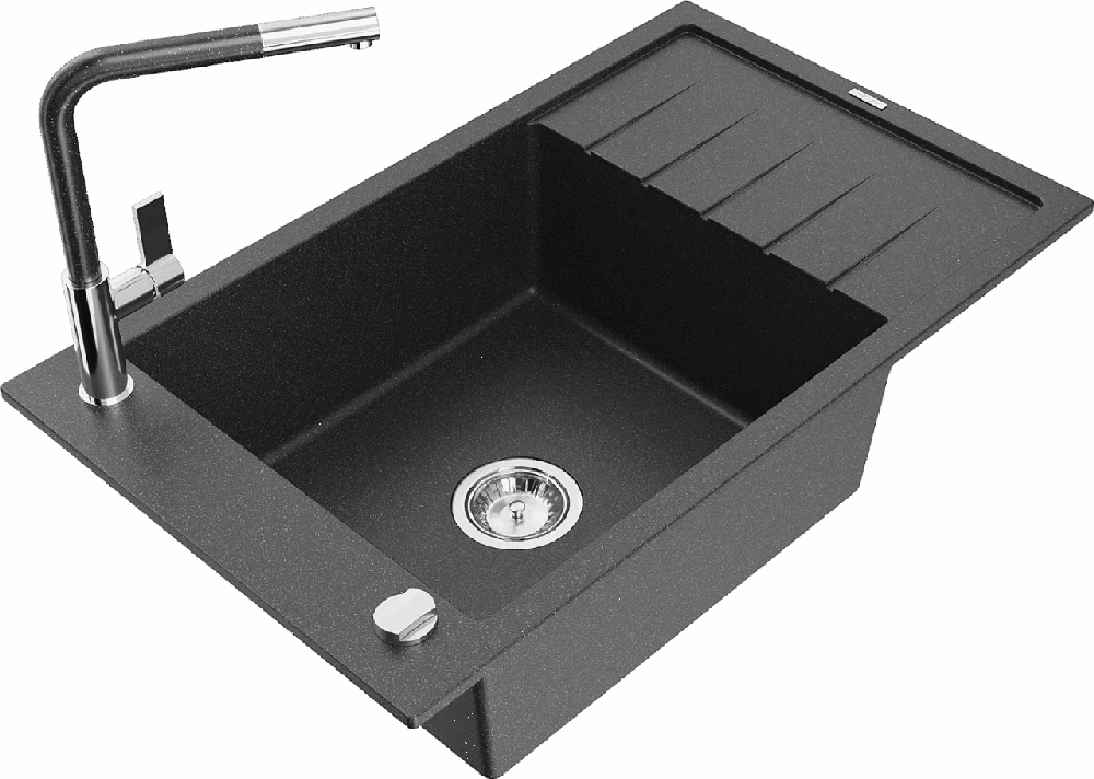 Granitinė virtuvinė plautuvė Mexen Elias su maišytuvu ir sifonu, Juodas granite+Juodas granite/Chrome