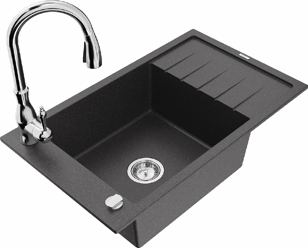Granitinė virtuvinė plautuvė Mexen Elias su maišytuvu ir sifonu, Juodas granite+Chrome