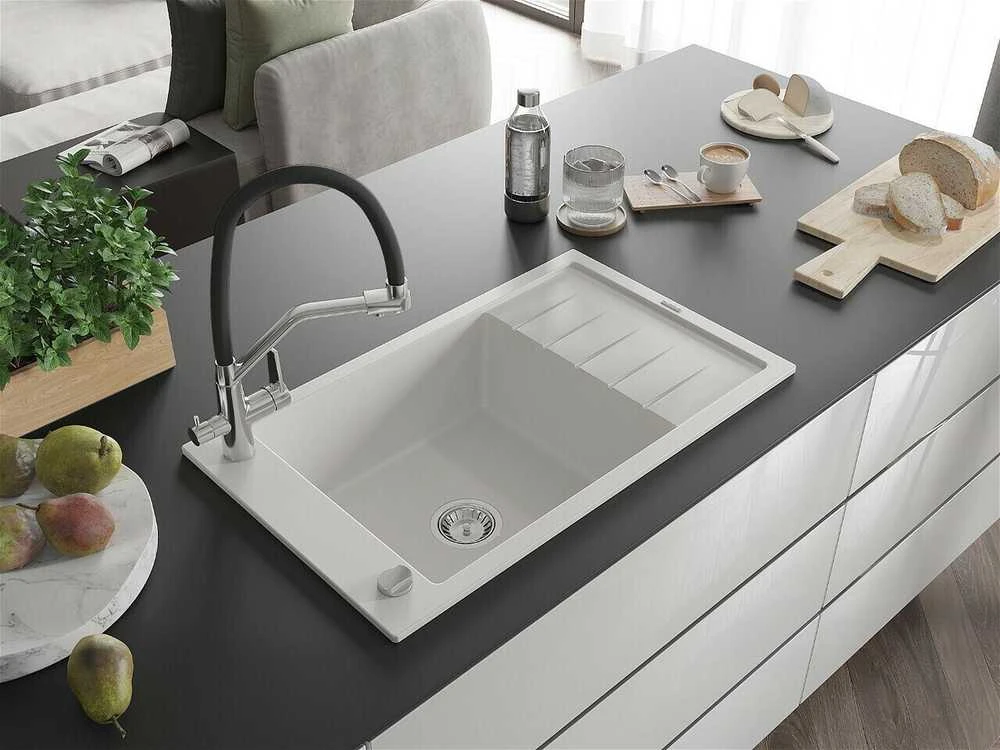 Granitinė virtuvinė plautuvė Mexen Elias su maišytuvu ir sifonu, Baltas+Juodas/Chrome