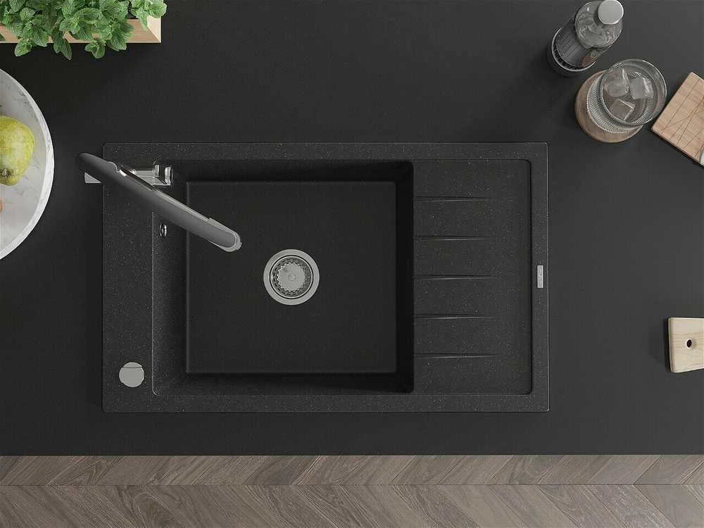 Granitinė virtuvinė plautuvė Mexen Elias su maišytuvu ir sifonu, Metallic juodas/sidabrinis+Juodas/Chrome