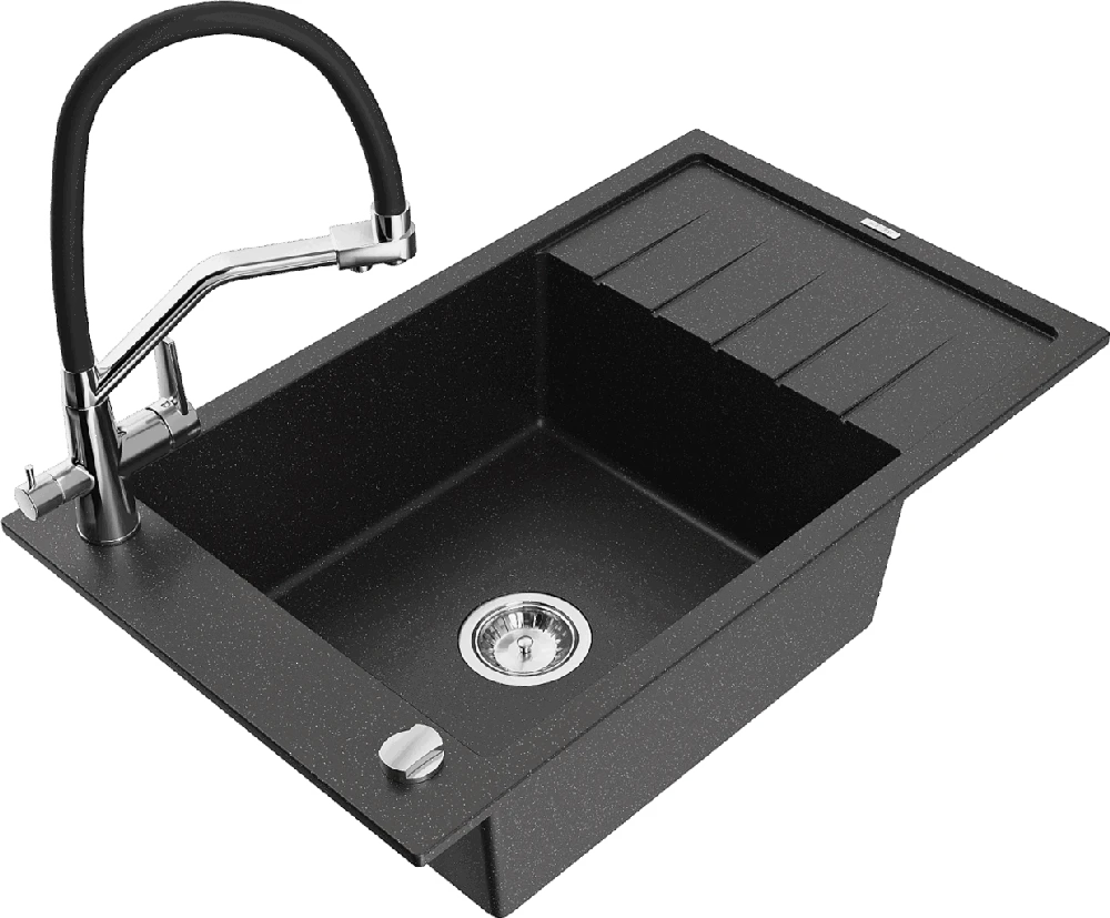 Granitinė virtuvinė plautuvė Mexen Elias su maišytuvu ir sifonu, Metallic juodas/sidabrinis+Juodas/Chrome