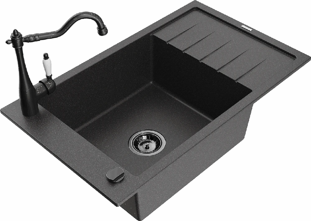 Granitinė virtuvinė plautuvė Mexen Elias su maišytuvu ir sifonu, Juodas granite+Juodas