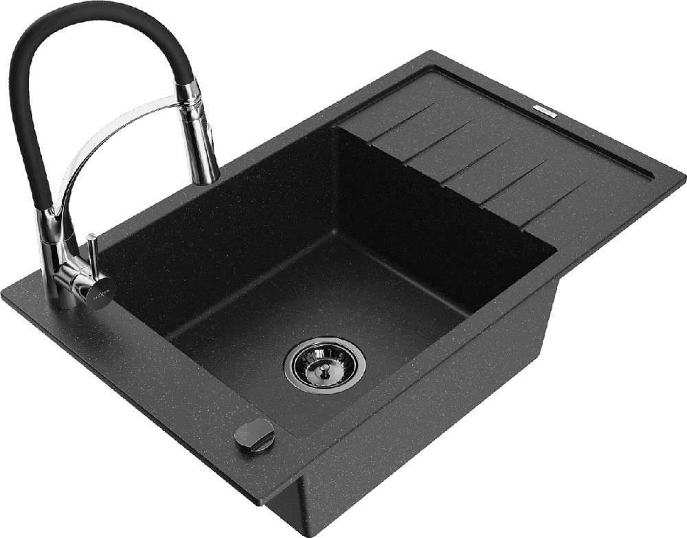 Granitinė virtuvinė plautuvė Mexen Elias su maišytuvu ir sifonu, Metallic juodas/sidabrinis+Juodas/Chrome