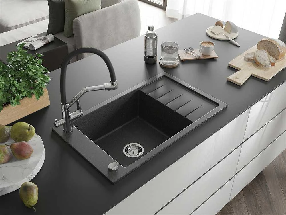 Granitinė virtuvinė plautuvė Mexen Elias su maišytuvu ir sifonu, Juodas granite+Juodas/Chrome
