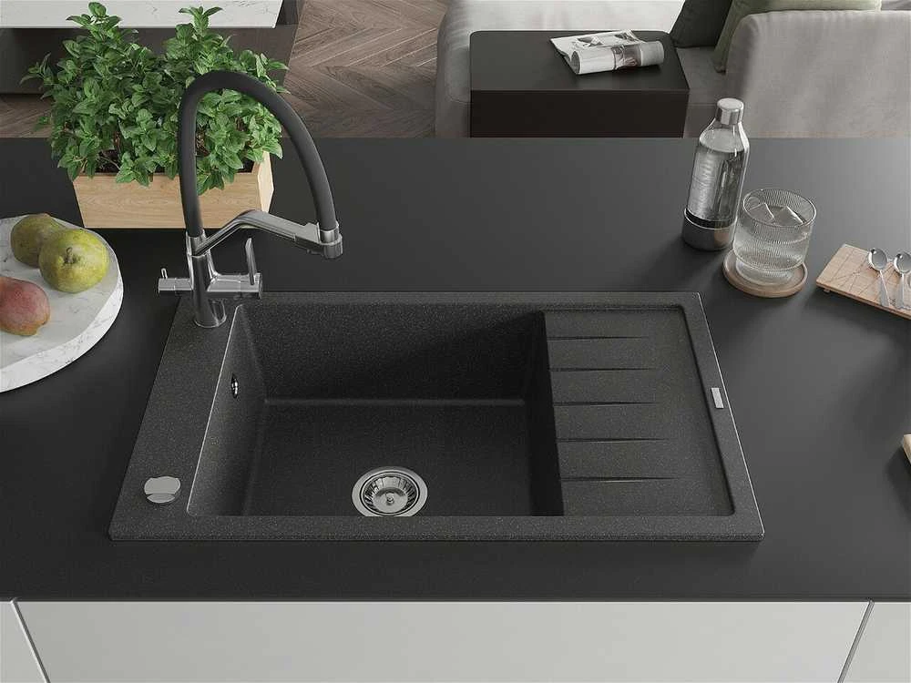 Granitinė virtuvinė plautuvė Mexen Elias su maišytuvu ir sifonu, Juodas granite+Juodas/Chrome