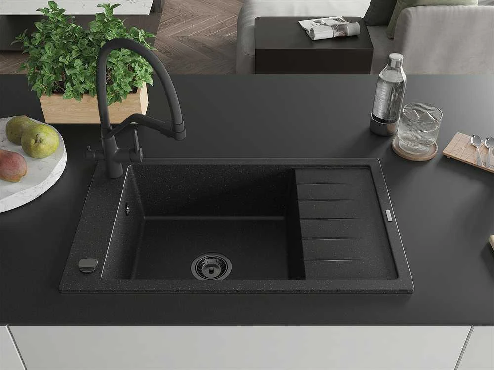 Granitinė virtuvinė plautuvė Mexen Elias su maišytuvu ir sifonu, Metallic juodas/sidabrinis+Juodas