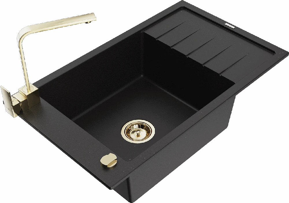 Granitinė virtuvinė plautuvė Mexen Elias su maišytuvu ir sifonu, Juodas+Gold