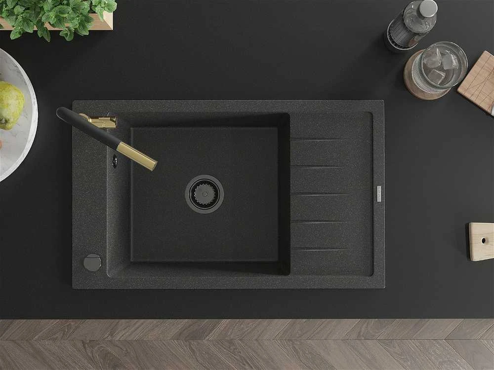 Granitinė virtuvinė plautuvė Mexen Elias su maišytuvu ir sifonu, Juodas granite+Juodas/Gold