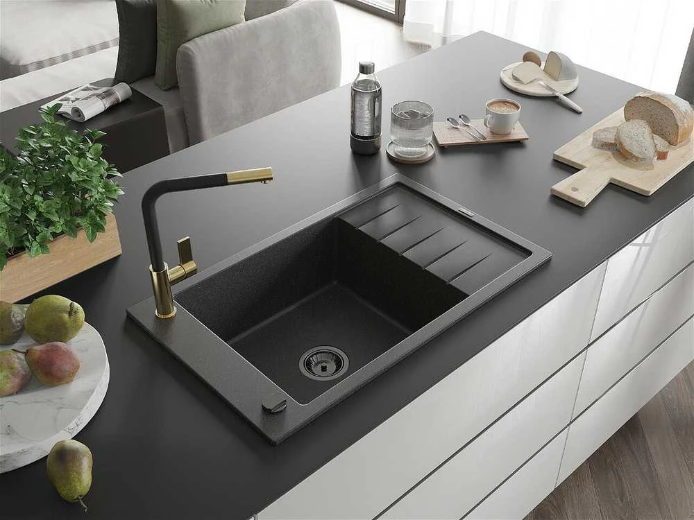 Granitinė virtuvinė plautuvė Mexen Elias su maišytuvu ir sifonu, Juodas granite+Juodas/Gold