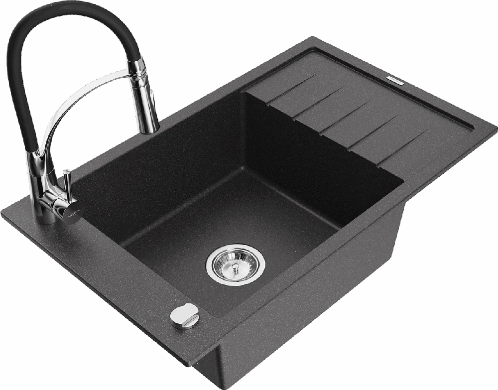 Granitinė virtuvinė plautuvė Mexen Elias su maišytuvu ir sifonu, Juodas granite+Juodas/Chrome