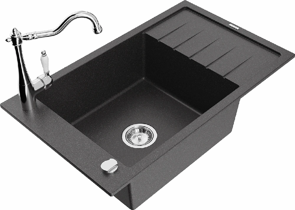 Granitinė virtuvinė plautuvė Mexen Elias su maišytuvu ir sifonu, Juodas granite+Chrome