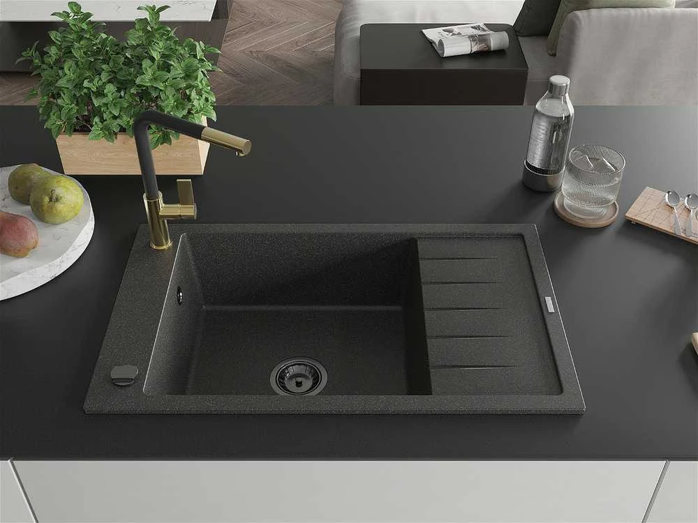 Granitinė virtuvinė plautuvė Mexen Elias su maišytuvu ir sifonu, Juodas granite+Juodas/Gold