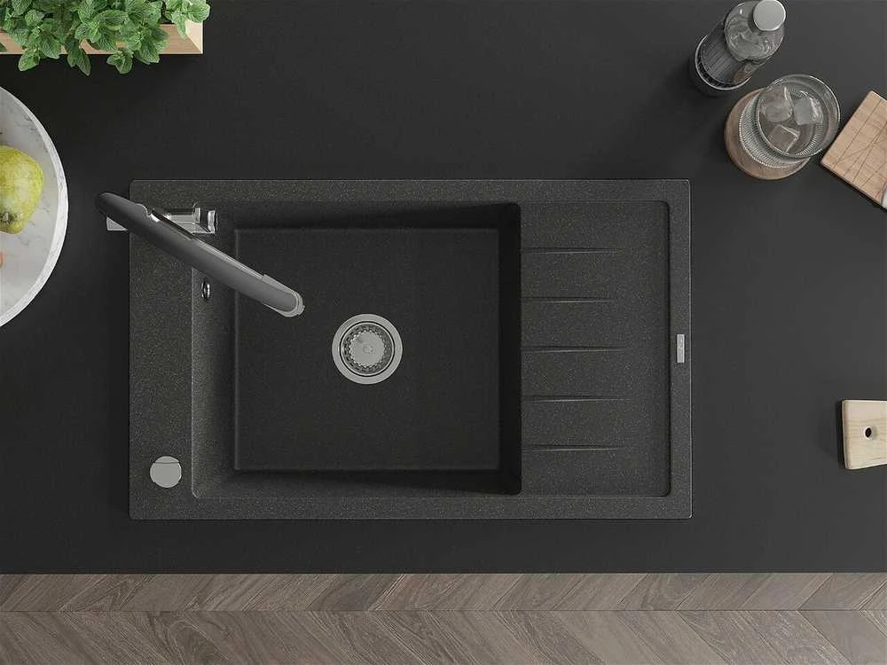 Granitinė virtuvinė plautuvė Mexen Elias su maišytuvu ir sifonu, Juodas granite+Juodas/Chrome