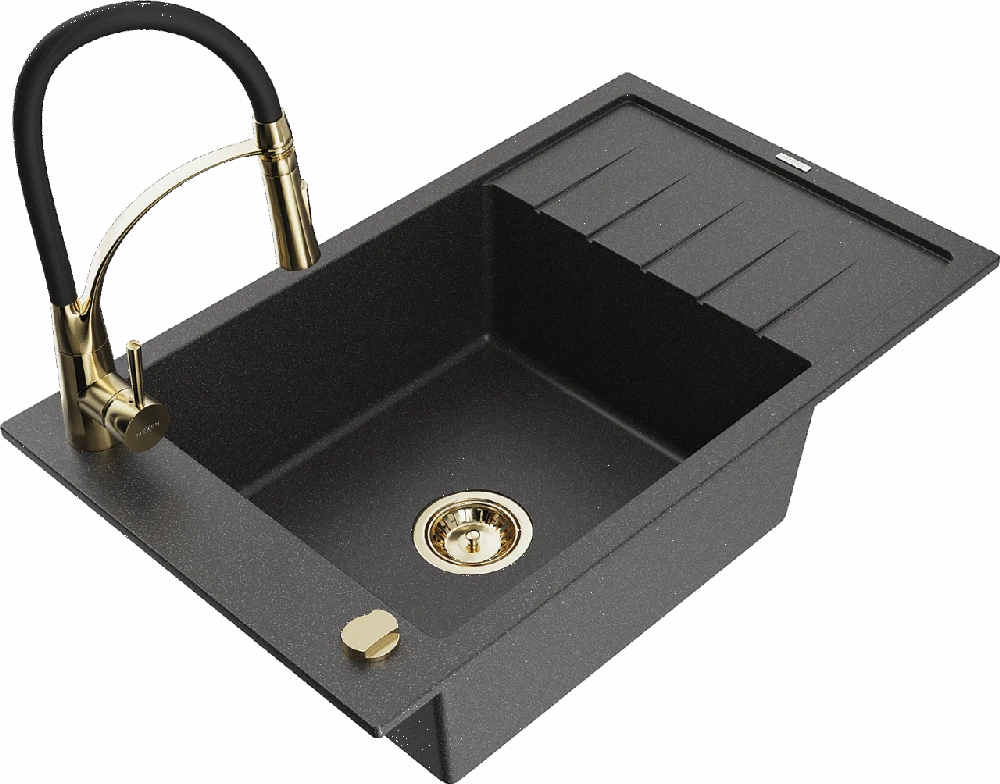 Granitinė virtuvinė plautuvė Mexen Elias su maišytuvu ir sifonu, Juodas granite+Juodas/Gold