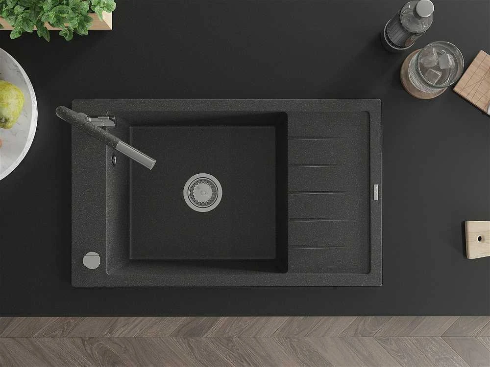 Granitinė virtuvinė plautuvė Mexen Elias su maišytuvu ir sifonu, Juodas granite+Juodas granite/Chrome