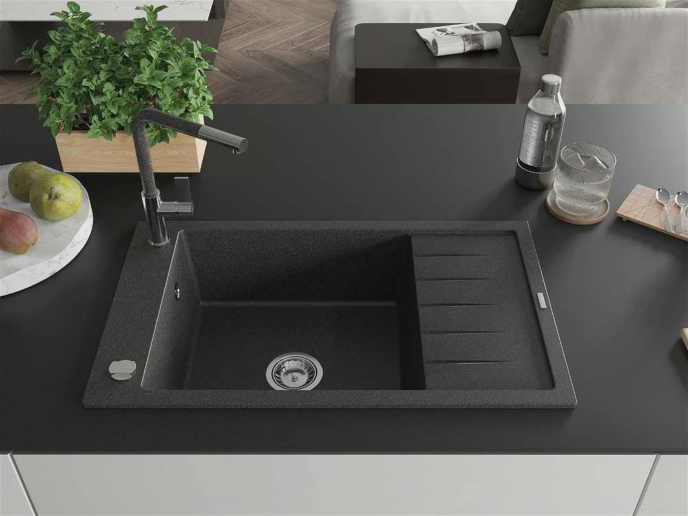 Granitinė virtuvinė plautuvė Mexen Elias su maišytuvu ir sifonu, Juodas granite+Juodas granite/Chrome