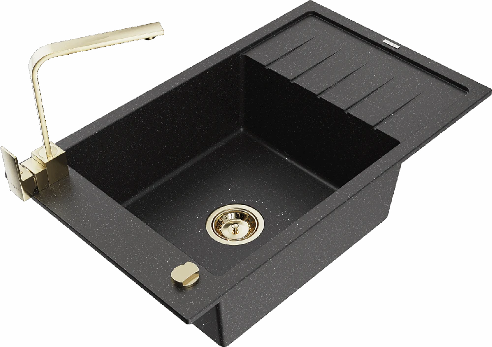 Granitinė virtuvinė plautuvė Mexen Elias su maišytuvu ir sifonu, Metallic juodas/sidabrinis+Gold