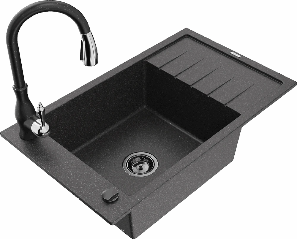 Granitinė virtuvinė plautuvė Mexen Elias su maišytuvu ir sifonu, Juodas granite+Juodas