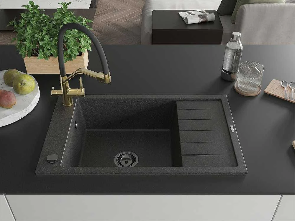 Granitinė virtuvinė plautuvė Mexen Elias su maišytuvu ir sifonu, Juodas granite+Juodas/Gold