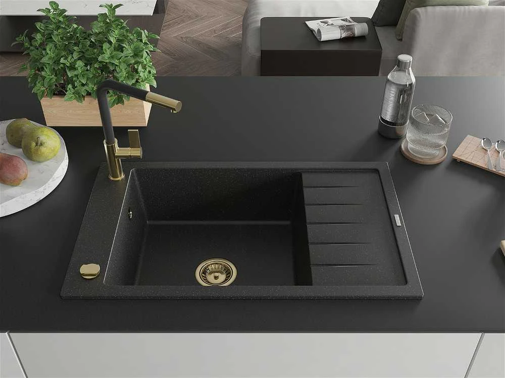 Granitinė virtuvinė plautuvė Mexen Elias su maišytuvu ir sifonu, Metallic juodas/sidabrinis+Juodas/Gold