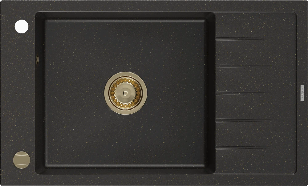 Granitinė virtuvinė plautuvė Mexen Elias su sifonu, Metallic juodas/auksinis+Gold, 795 x 480 mm