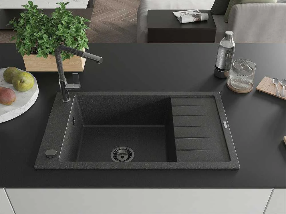 Granitinė virtuvinė plautuvė Mexen Elias su maišytuvu ir sifonu, Juodas granite+Juodas granite/Chrome
