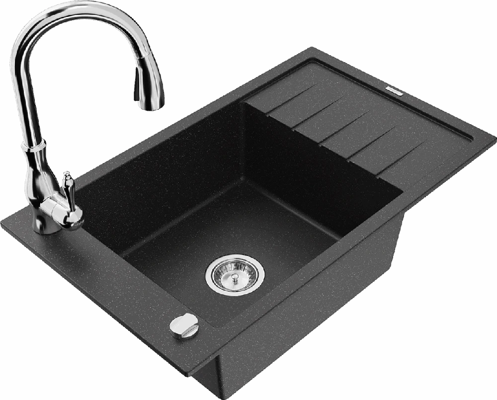 Granitinė virtuvinė plautuvė Mexen Elias su maišytuvu ir sifonu, Metallic juodas/sidabrinis+Chrome