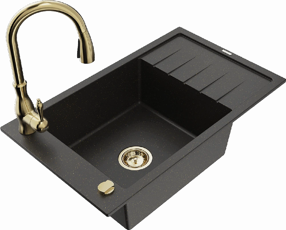 Granitinė virtuvinė plautuvė Mexen Elias su maišytuvu ir sifonu, Metallic juodas/auksinis+Gold
