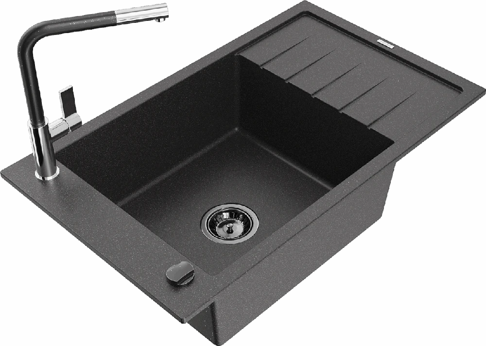 Granitinė virtuvinė plautuvė Mexen Elias su maišytuvu ir sifonu, Juodas granite+Juodas/Chrome