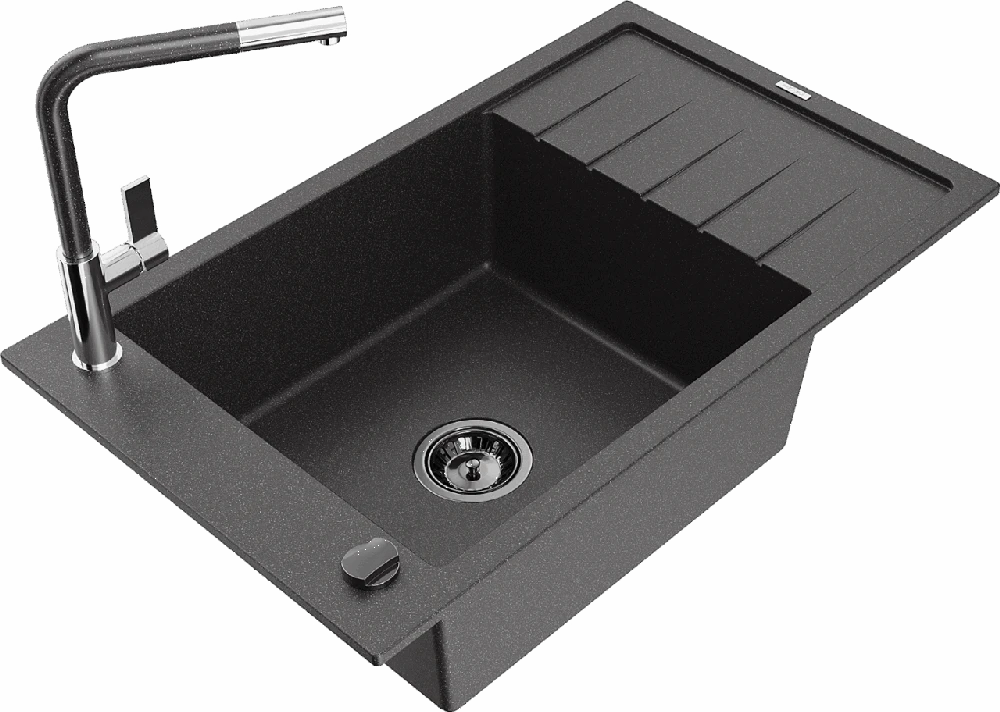 Granitinė virtuvinė plautuvė Mexen Elias su maišytuvu ir sifonu, Juodas granite+Juodas granite/Chrome