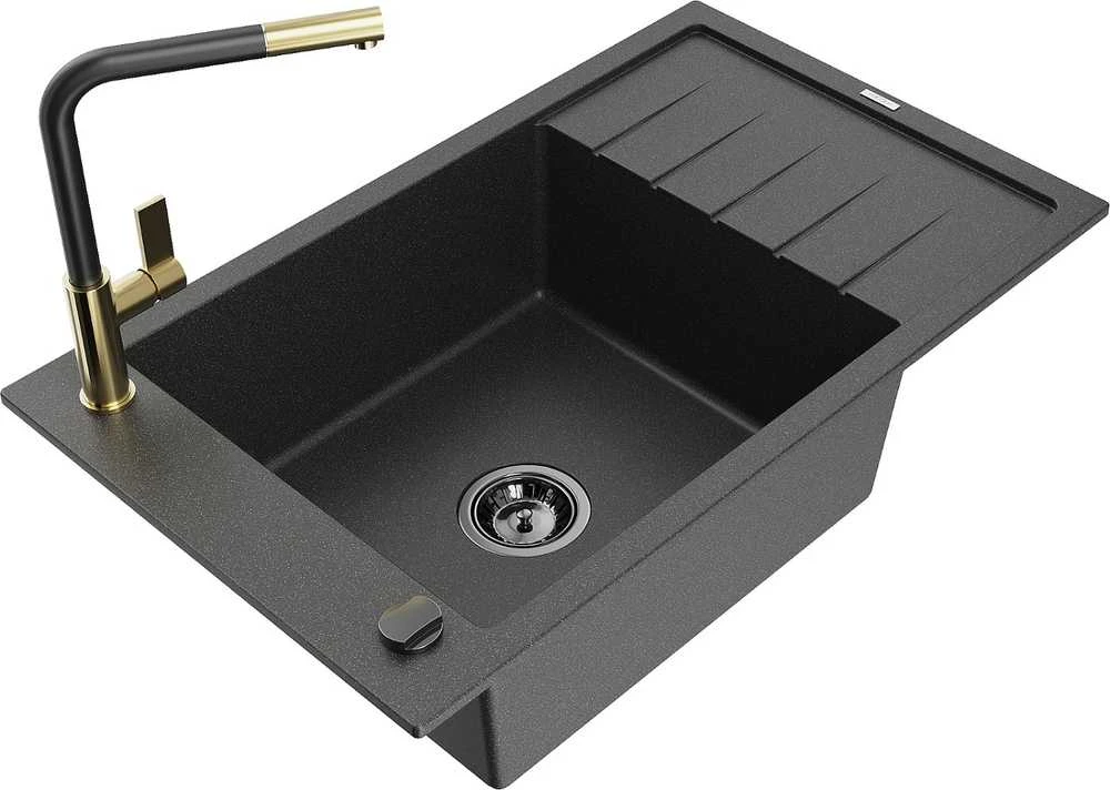 Granitinė virtuvinė plautuvė Mexen Elias su maišytuvu ir sifonu, Juodas granite+Juodas/Gold