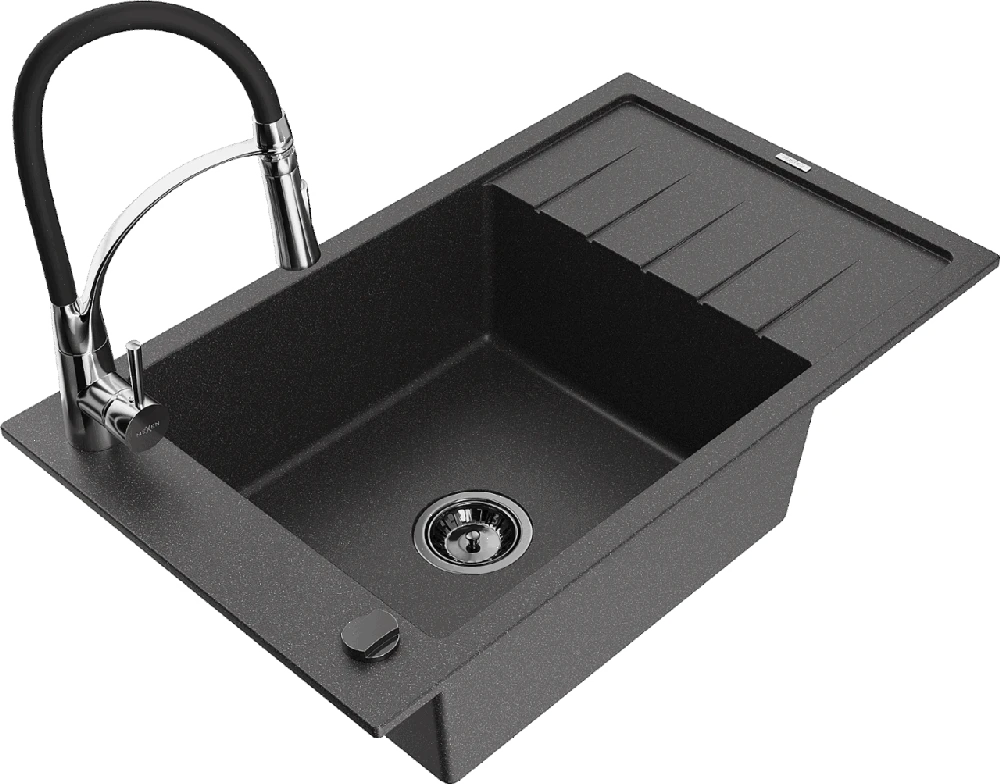 Granitinė virtuvinė plautuvė Mexen Elias su maišytuvu ir sifonu, Juodas granite+Juodas/Chrome
