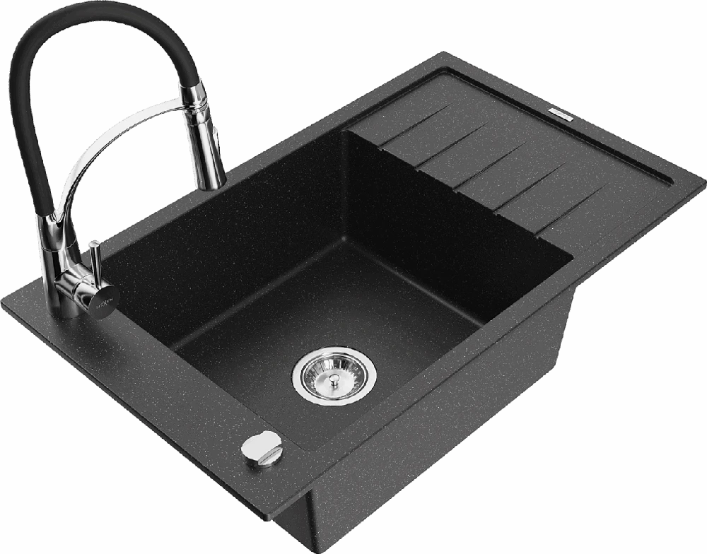 Granitinė virtuvinė plautuvė Mexen Elias su maišytuvu ir sifonu, Metallic juodas/sidabrinis+Juodas/Chrome