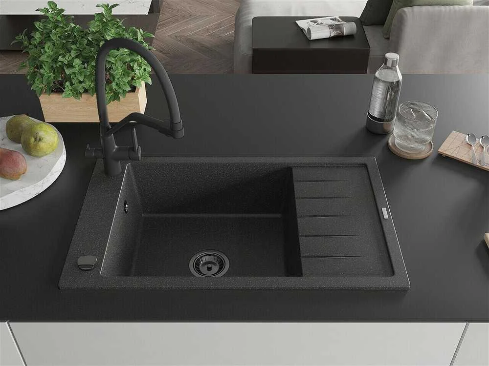 Granitinė virtuvinė plautuvė Mexen Elias su maišytuvu ir sifonu, Juodas granite+Juodas