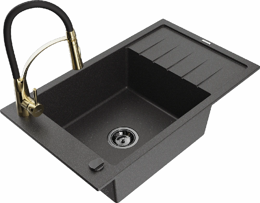 Granitinė virtuvinė plautuvė Mexen Elias su maišytuvu ir sifonu, Juodas granite+Juodas/Gold