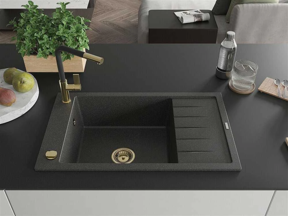Granitinė virtuvinė plautuvė Mexen Elias su maišytuvu ir sifonu, Juodas granite+Juodas/Gold