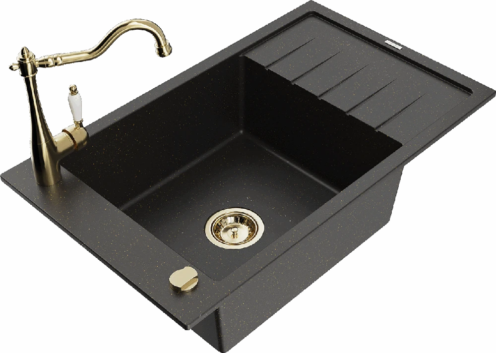 Granitinė virtuvinė plautuvė Mexen Elias su maišytuvu ir sifonu, Metallic juodas/auksinis+Gold