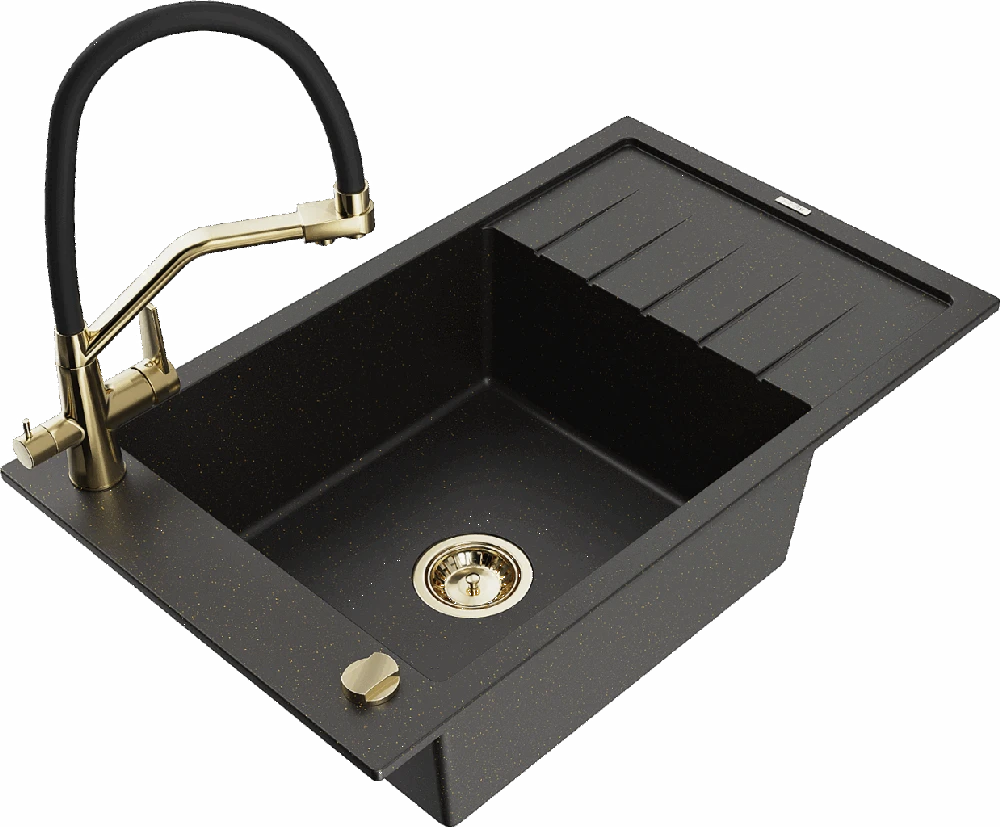 Granitinė virtuvinė plautuvė Mexen Elias su maišytuvu ir sifonu, Metallic juodas/auksinis+Juodas/Gold