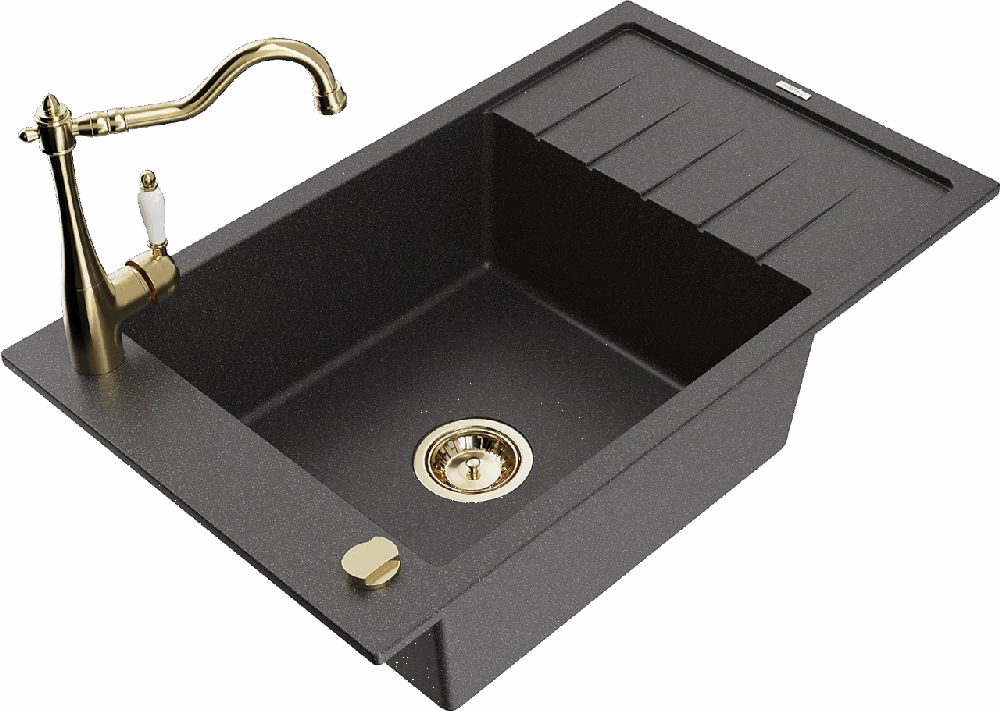 Granitinė virtuvinė plautuvė Mexen Elias su maišytuvu ir sifonu, Juodas granite+Gold