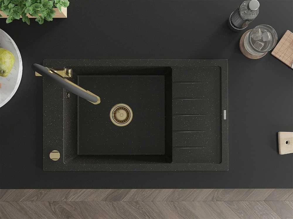 Granitinė virtuvinė plautuvė Mexen Elias su maišytuvu ir sifonu, Metallic juodas/auksinis+Juodas/Gold