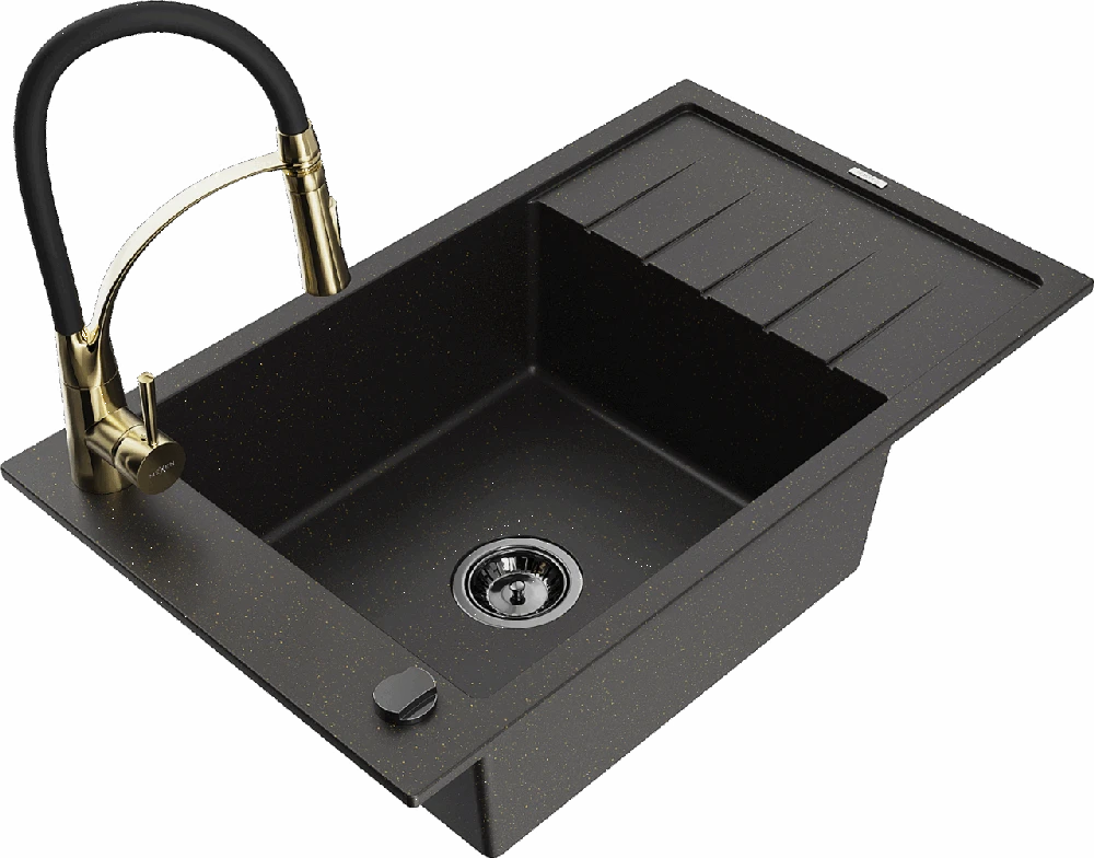 Granitinė virtuvinė plautuvė Mexen Elias su maišytuvu ir sifonu, Metallic juodas/auksinis+Juodas/Gold