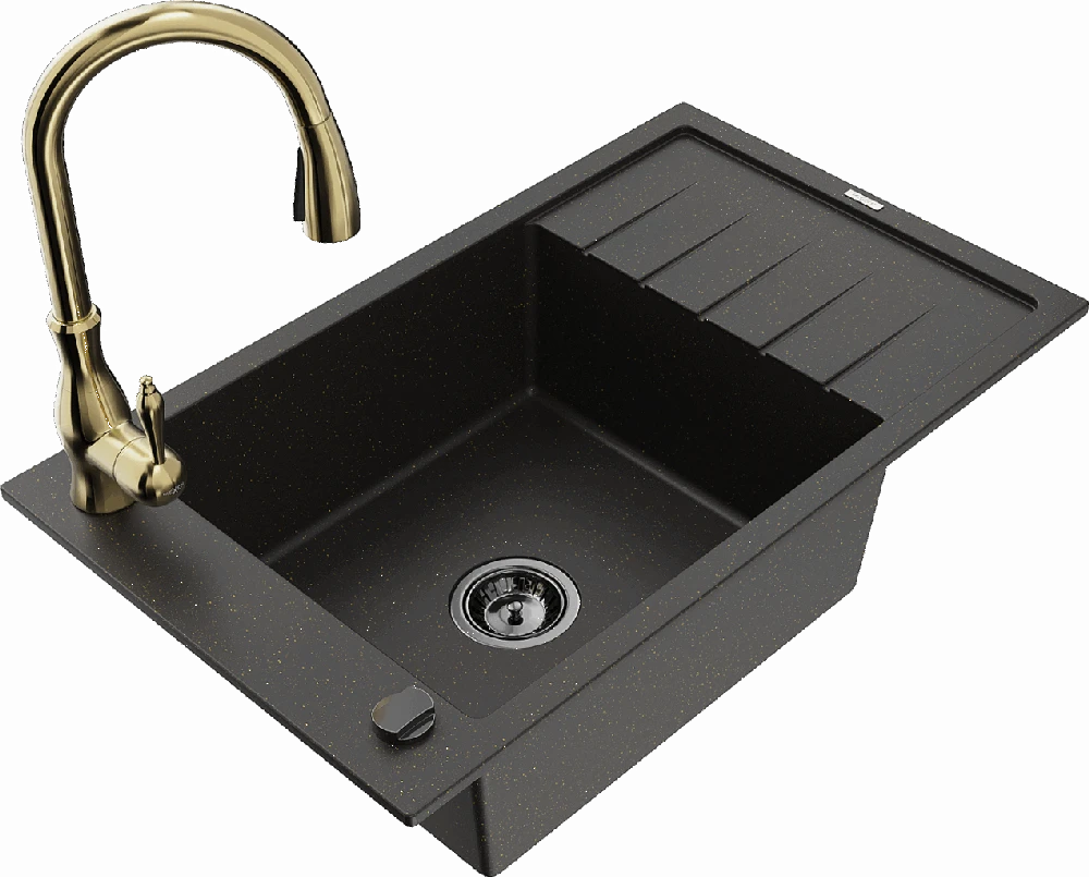 Granitinė virtuvinė plautuvė Mexen Elias su maišytuvu ir sifonu, Metallic juodas/auksinis+Gold