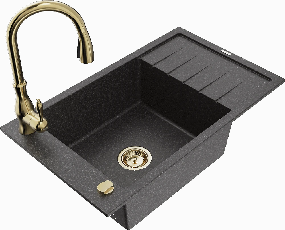 Granitinė virtuvinė plautuvė Mexen Elias su maišytuvu ir sifonu, Juodas granite+Gold