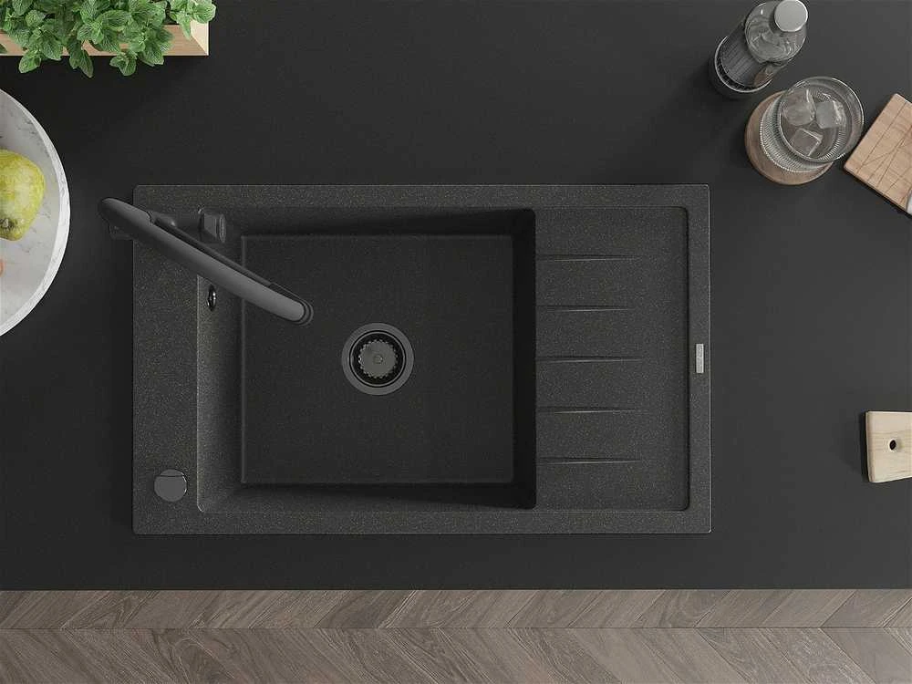 Granitinė virtuvinė plautuvė Mexen Elias su maišytuvu ir sifonu, Juodas granite+Juodas