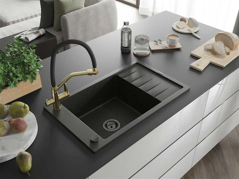 Granitinė virtuvinė plautuvė Mexen Elias su maišytuvu ir sifonu, Metallic juodas/auksinis+Juodas/Gold