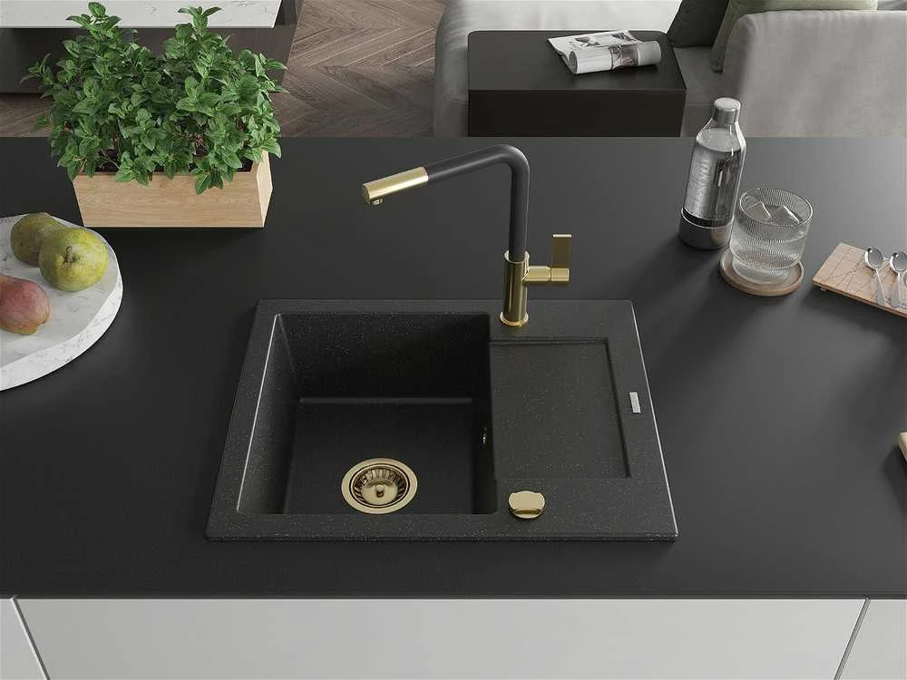 Granitinė virtuvinė plautuvė Mexen Enzo su maišytuvu ir sifonu, Metallic juodas/sidabrinis+Juodas/Gold