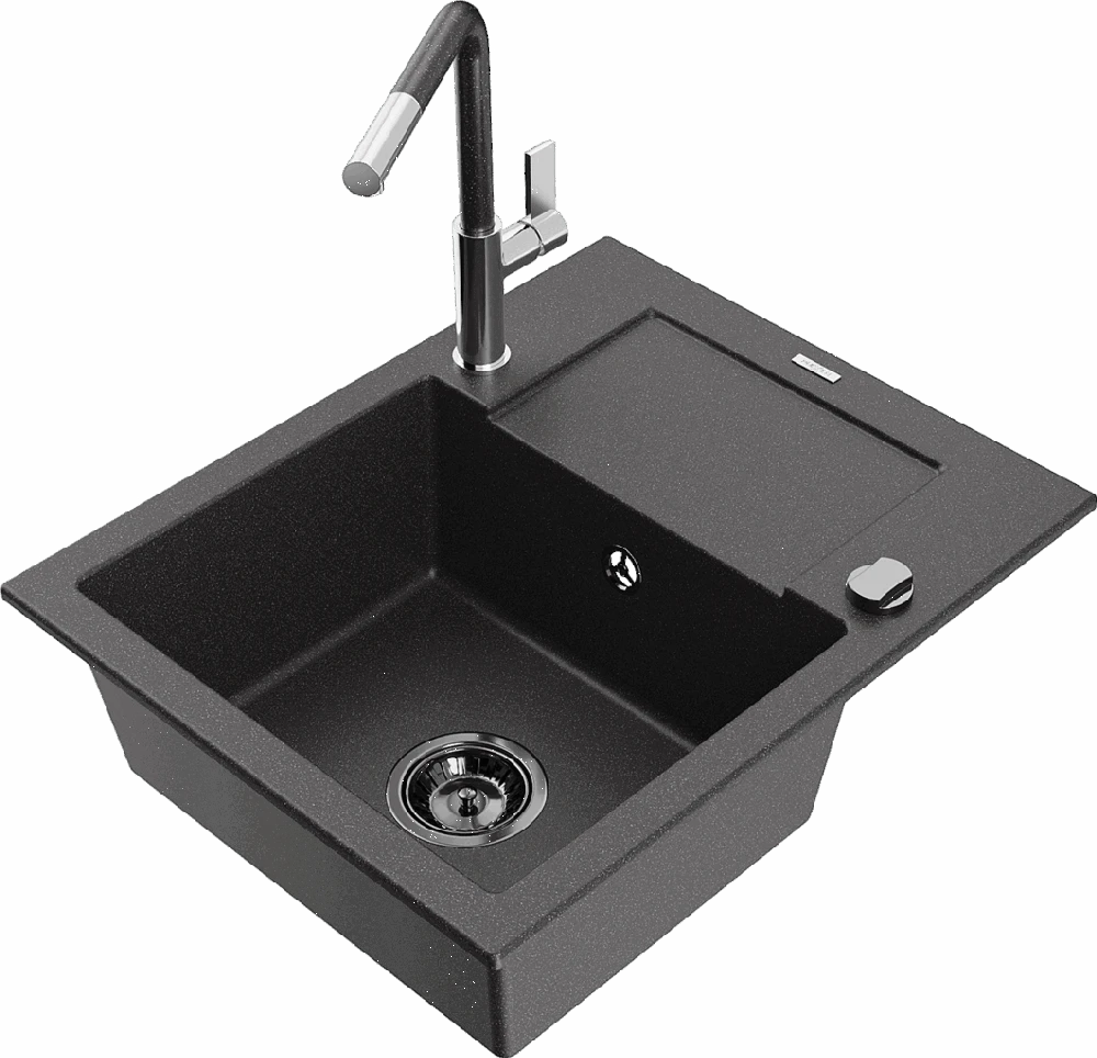 Granitinė virtuvinė plautuvė Mexen Enzo su maišytuvu ir sifonu, Juodas granite+Juodas granite/Chrome