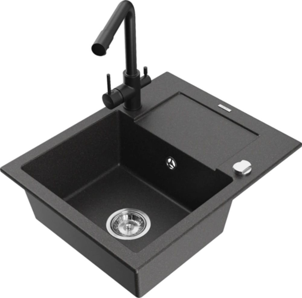Granitinė virtuvinė plautuvė Mexen Enzo su maišytuvu ir sifonu, Juodas granite+Juodas